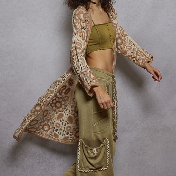 New POL Women's Brown Boho Crochet Knit One Size Open Front Duster Cardigan OS - Picture 7 of 8